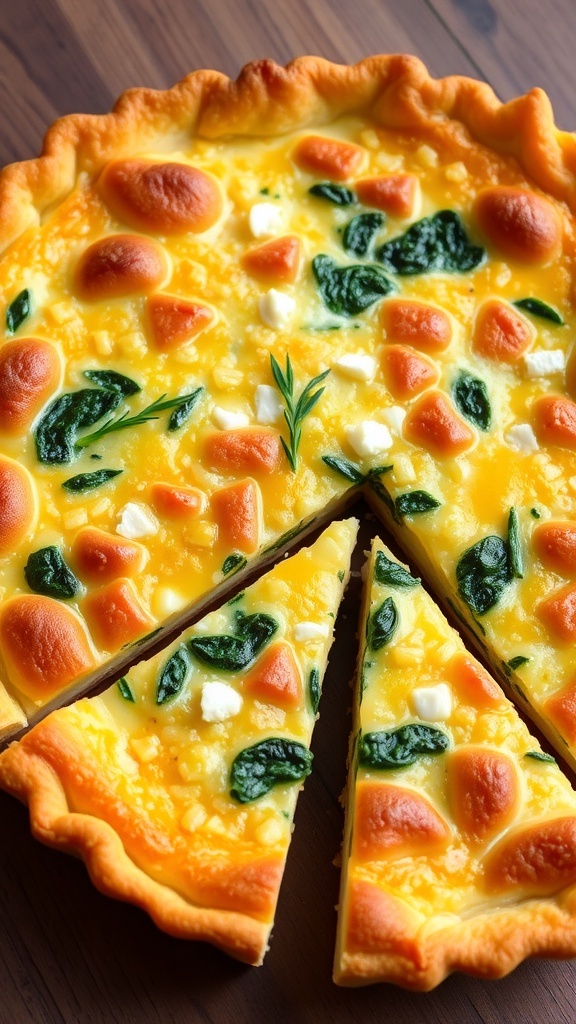 A golden brown four-cheese quiche with a flaky crust, filled with melted cheeses and spinach, on a wooden table.